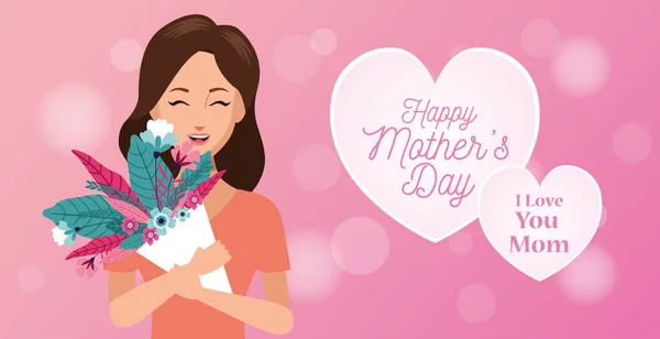 Mãe feliz dia personagem com flores buquê — Vetor de Stock