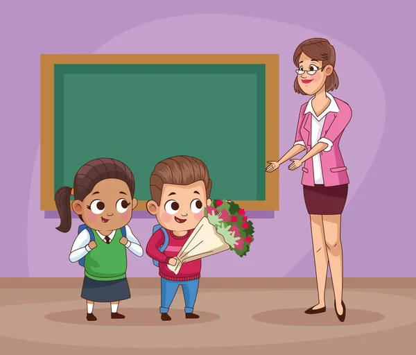 Pareja de pequeños estudiantes niños con profesor en el aula — Vector de stock