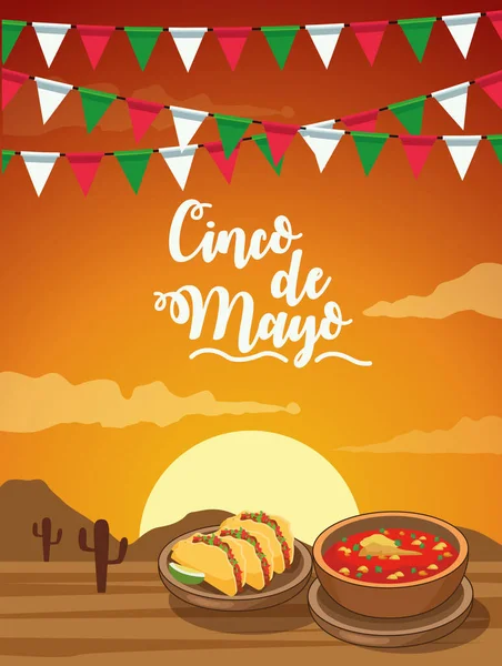 Cinco de mayonez kutlaması yemek çöl sahnesiyle — Stok Vektör