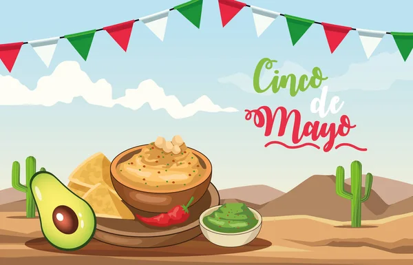 Lezzetli çöl sahnesiyle Cinco de mayonez kutlaması — Stok Vektör