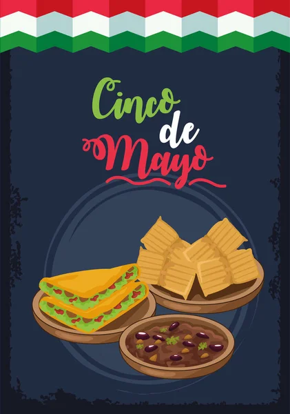 Cinco de mayo celebration with mexican flag and food — Stock Vector