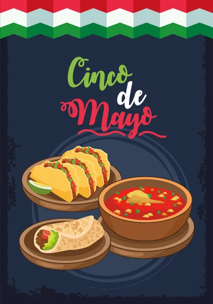 Cinco de mayo celebration with mexican flag and food — Stock Vector