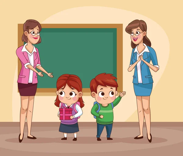Couple de petits élèves enfants avec professeur en classe — Image vectorielle