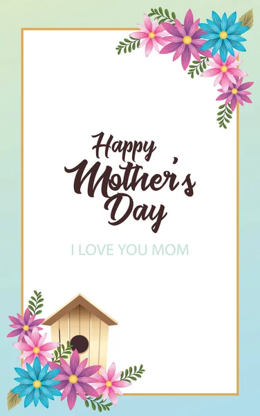 Feliz madre día tarjeta con flores y pájaro casa marco cuadrado — Vector de stock