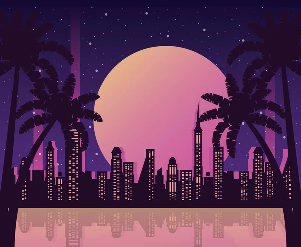 Cartel de wanderlust con palmeras y escena de paisaje urbano — Vector de stock