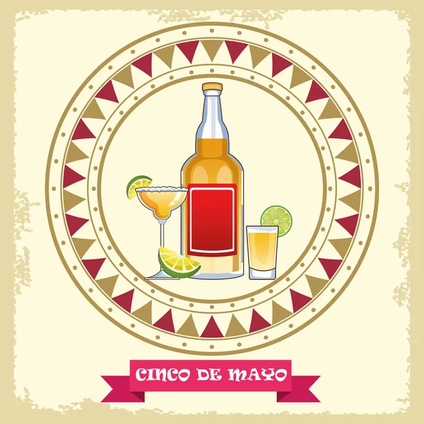 5 de mayo celebração com coquetéis de tequila quadro circular — Vetor de Stock