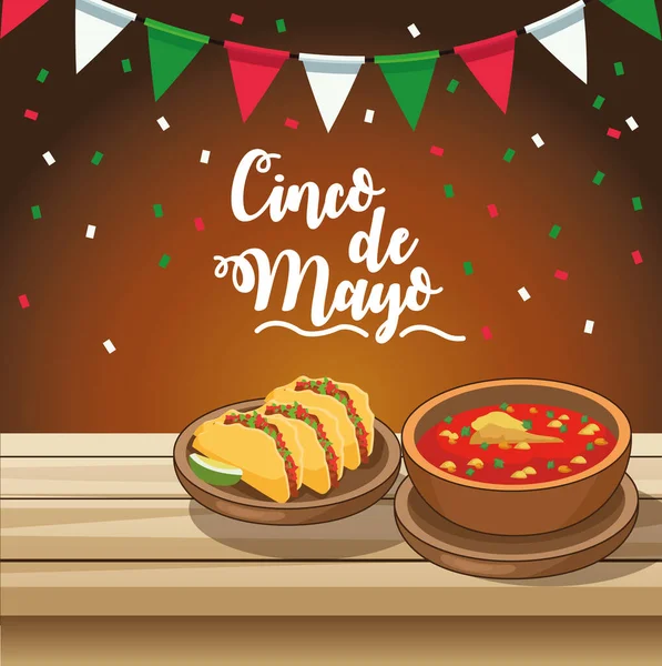 Cinco de mayonez kutlaması, masada lezzetli yemekler. — Stok Vektör