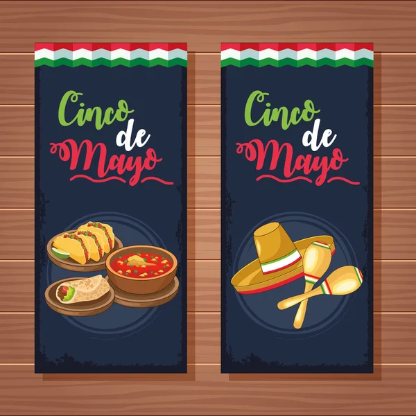 Meksika yemeği ve şapkasıyla cinco de mayonez kutlaması — Stok Vektör