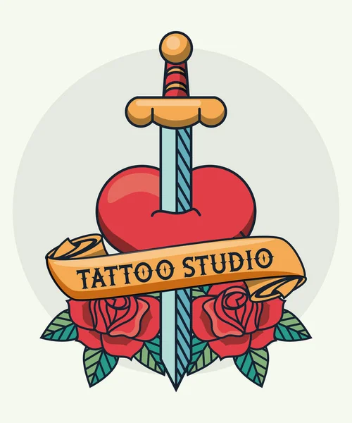 Espada en el corazón tatuaje estudio imagen artística — Vector de stock