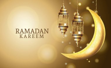 Ramazan Kareem kutlaması. Fenerler asılı ve ay var.