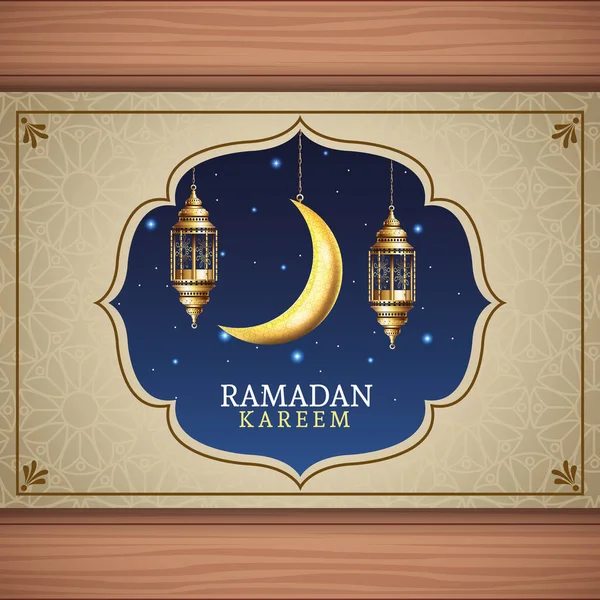Ramadan-Kareem-Feier mit hängenden Laternen und Mond — Stockvektor