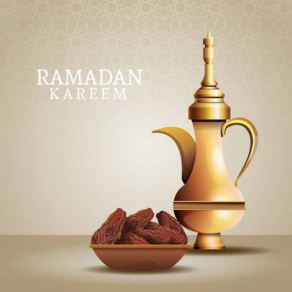 Ramadan kareem celebration with golden teapot and food — Stock Vector