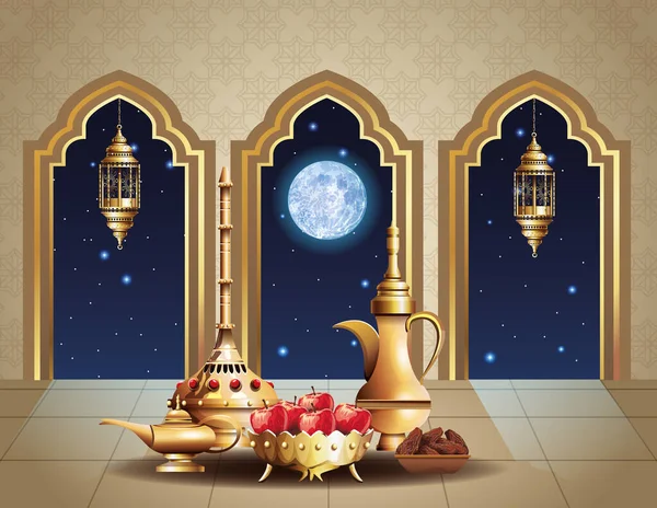 Ramadan kareem celebration with temple inside and golden utensils — Stock Vector