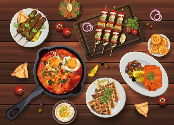 Nourriture du Moyen-Orient dans une table en bois — Image vectorielle