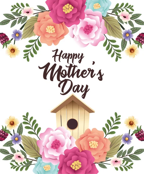 Поздравительная открытка на день матери с цветами и рамкой скворечника — стоковый вектор