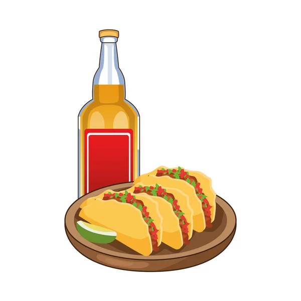 Tequila-Flasche und Tacos mexikanische Symbole — Stockvektor
