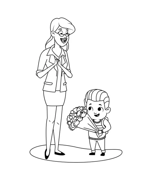Niedlicher kleiner Junge mit Lehrer, der Blumen schenkt — Stockvektor