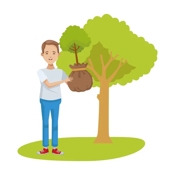 Milieuvriendelijke man planten boom karakter — Stockvector