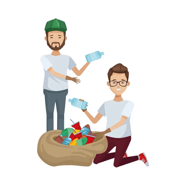 Écologistes hommes recyclage avatars personnages — Image vectorielle