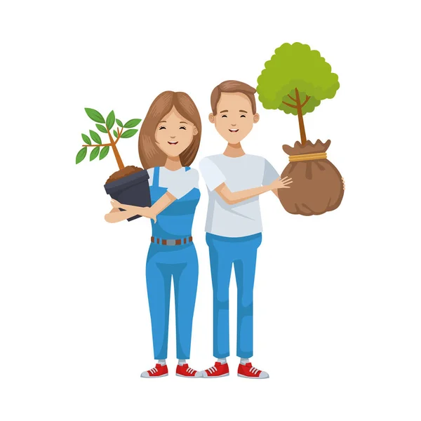 Environmentalists couple planting tree characters — Stock Vector