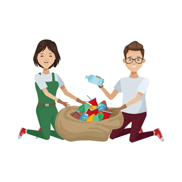 Environnementalistes couple recyclage avatars personnages — Image vectorielle