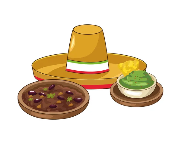 과 카 몰리와 멕시코 모자를 쓴 나초 — 스톡 벡터