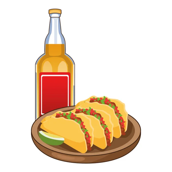 Botella de tequila y tacos iconos mexicanos — Vector de stock