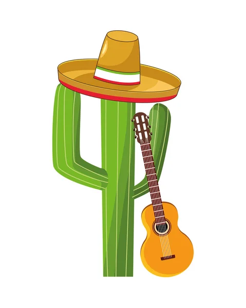 Cacto planta mexicana com guitarra e chapéu —  Vetores de Stock