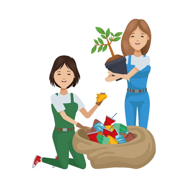 Milieuvriendelijke vrouwen recyclen en planten — Stockvector
