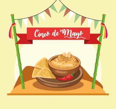 Cinco de mayonez kartı, yanında cips ve peynir sosu.