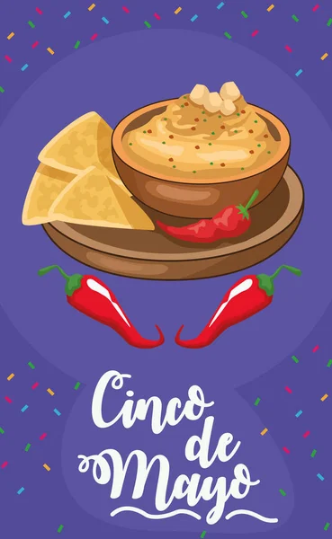 Cinco de mayo card with nachos and cheese sauce — Stock Vector