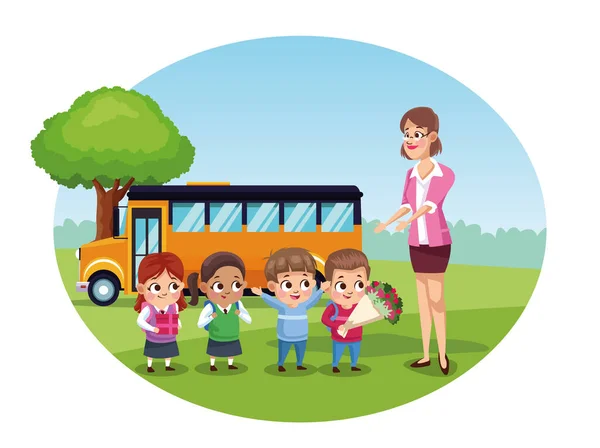 Heureux enseignants carte de jour avec le professeur et les élèves de l'école de bus — Image vectorielle