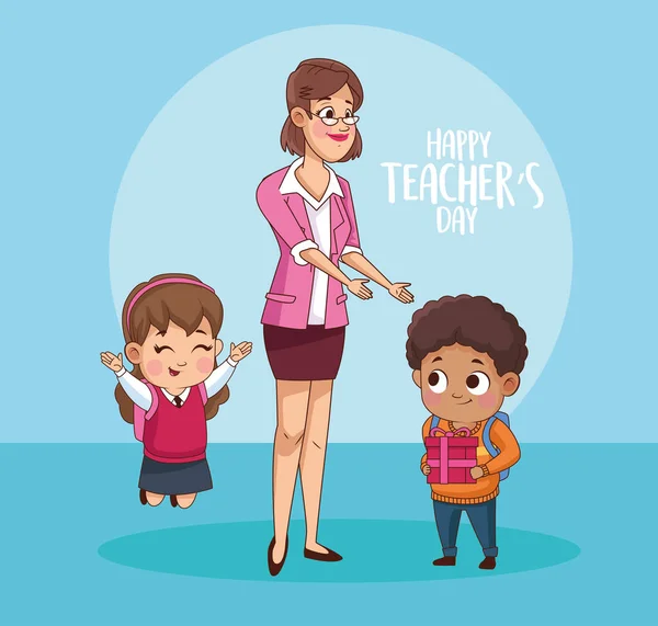 happy teachers day card with teacher and students
