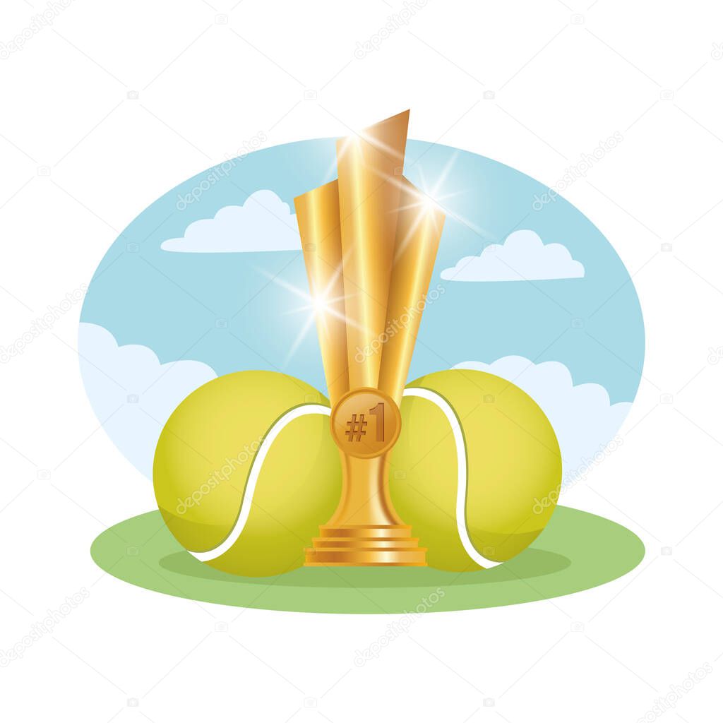 tennis sport balls with trophy