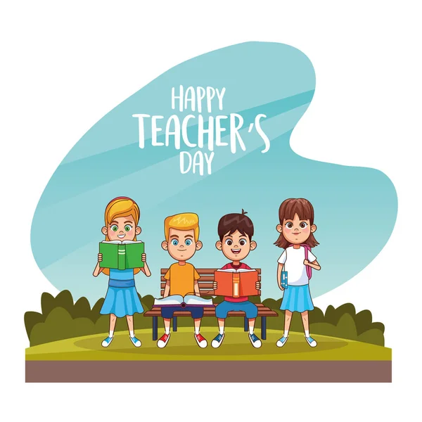 Feliz tarjeta de día de los profesores con los estudiantes en el campo — Vector de stock