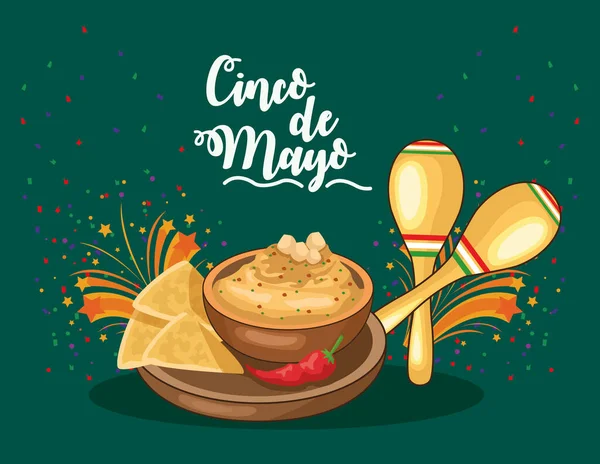 Cinco de mayonez kartı, yanında cips ve peynir sosu. — Stok Vektör