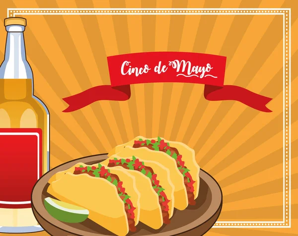 Cinco de mayo celebration card with tacos and tequila — ストックベクタ