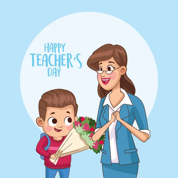 Feliz día de los maestros tarjeta con el maestro y el niño dando flores — Vector de stock