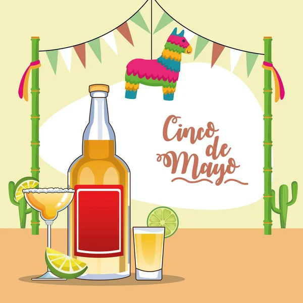 Cinco de mayo celebration card with tequila bottle and cups — Stock Vector