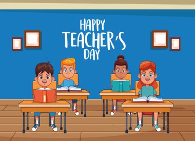 Sınıfta öğrencileri olan mutlu öğretmenler günü kartı.
