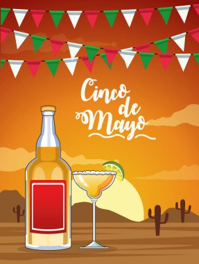 Cinco de mayonez kutlama kartı ve tekila şişesi.