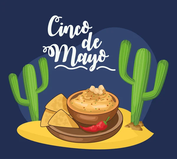 Cinco de mayonez kartı, yanında cips ve peynir sosu. — Stok Vektör