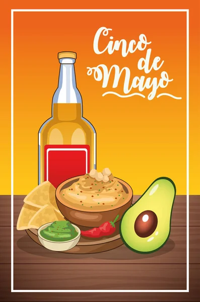 Cinco de mayo card with tequila and mexican food — Stock Vector