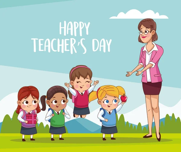 happy teachers day card with teacher and students in the field