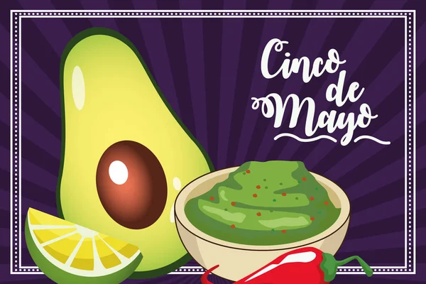 Guacamole soslu cinco de mayonez kutlama kartı. — Stok Vektör