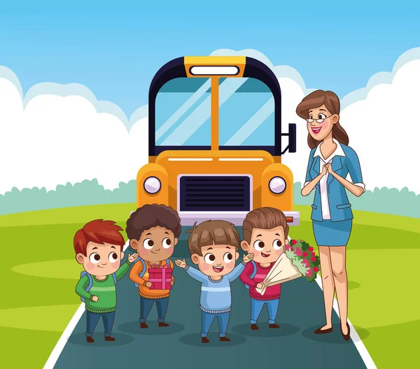 Cartão de dia professores felizes com professor e alunos na escola de ônibus — Vetor de Stock