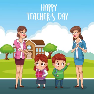 Öğretmenler günü kartında öğretmenler ve öğrenciler dışarıda mutlu.