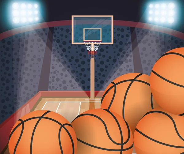 Deportes baloncesto globos en escena de la corte — Archivo Imágenes Vectoriales