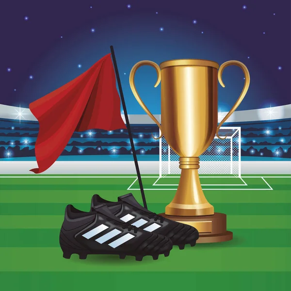 Sapatos esportivos de futebol com troféu prêmio Copa —  Vetores de Stock