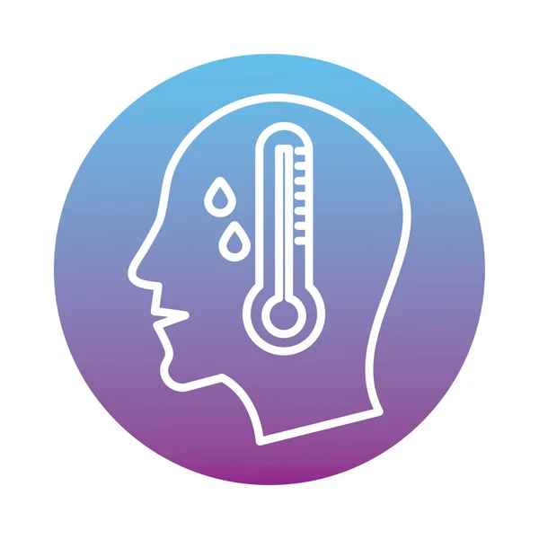 Perfil humano com febre e ícone de estilo bloco termômetro — Vetor de Stock